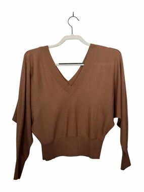 Express Brown Classy Sexy Long Sleeve Ribbed Hem V-Neck Blouse